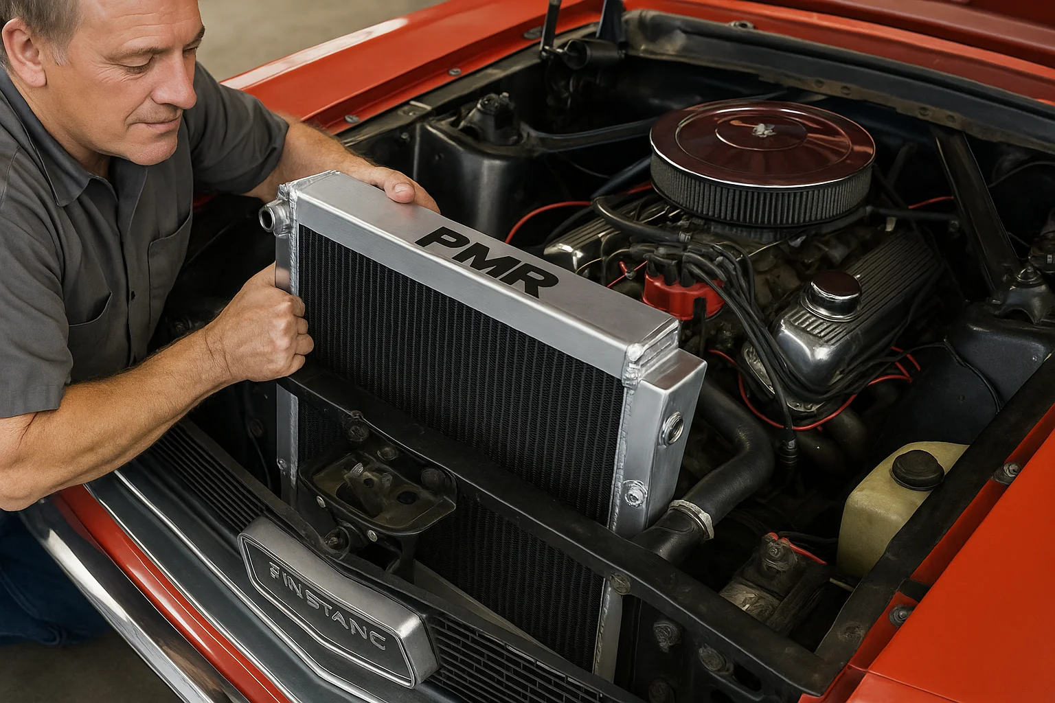 Mechanic checking Ford F-150 radiator in Canadian workshop