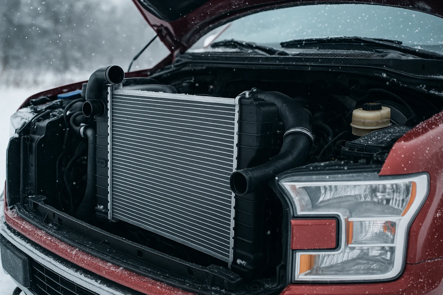 Mechanic installing PMR radiator in Ford Mustang