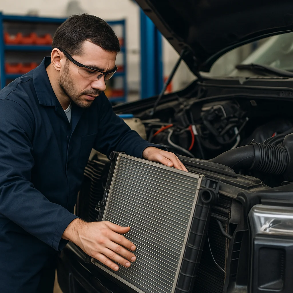 Mechanic inspecting a Ford truck radiator using a light in a Canadian garage